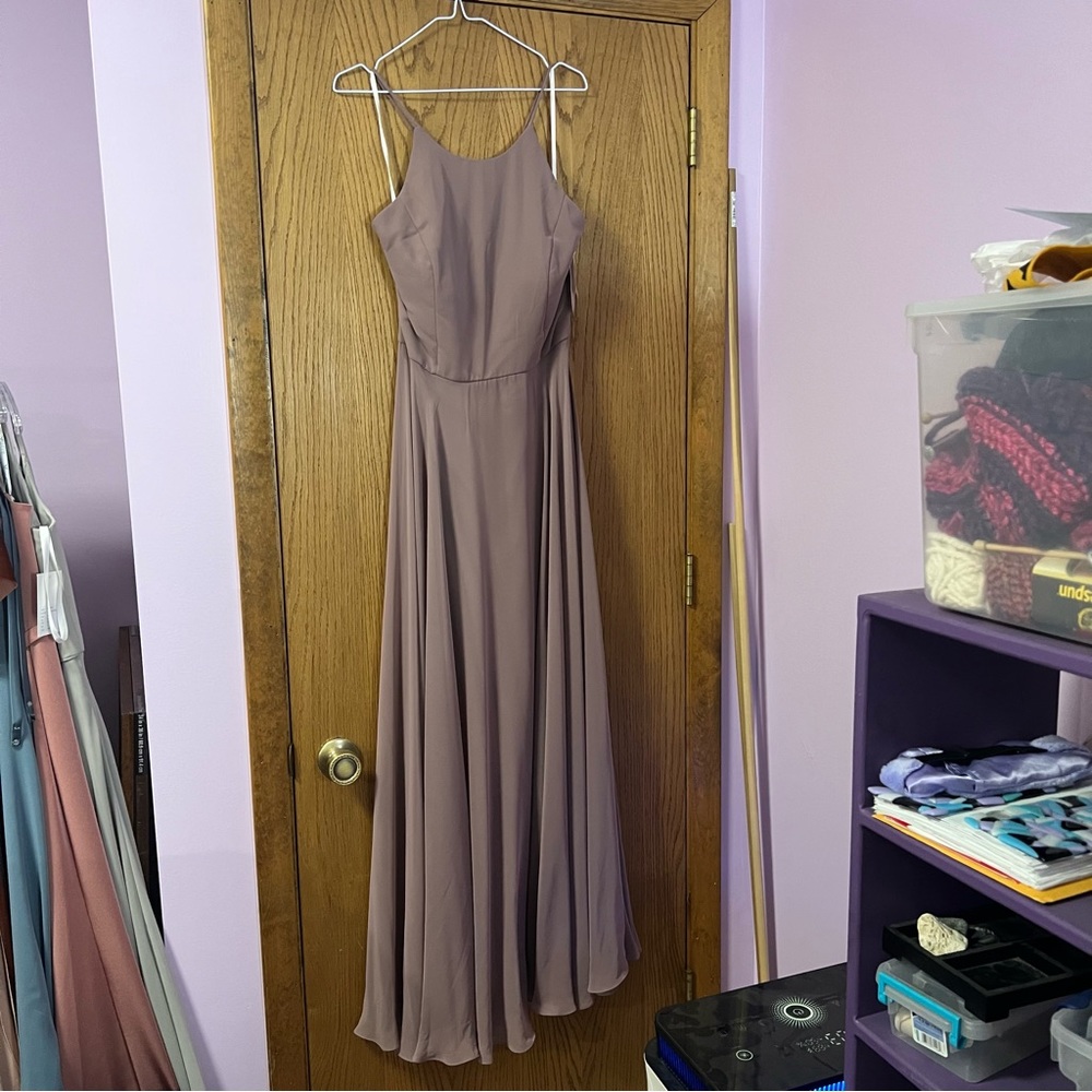 lux chiffon formal adjustable high neckline size 12. french truffle color